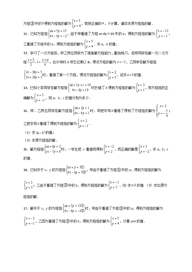 人教版七年级数学下册常考点微专题提分精练 专题20 二元一次方程组的错解复原问题（原卷版+解析）第3页