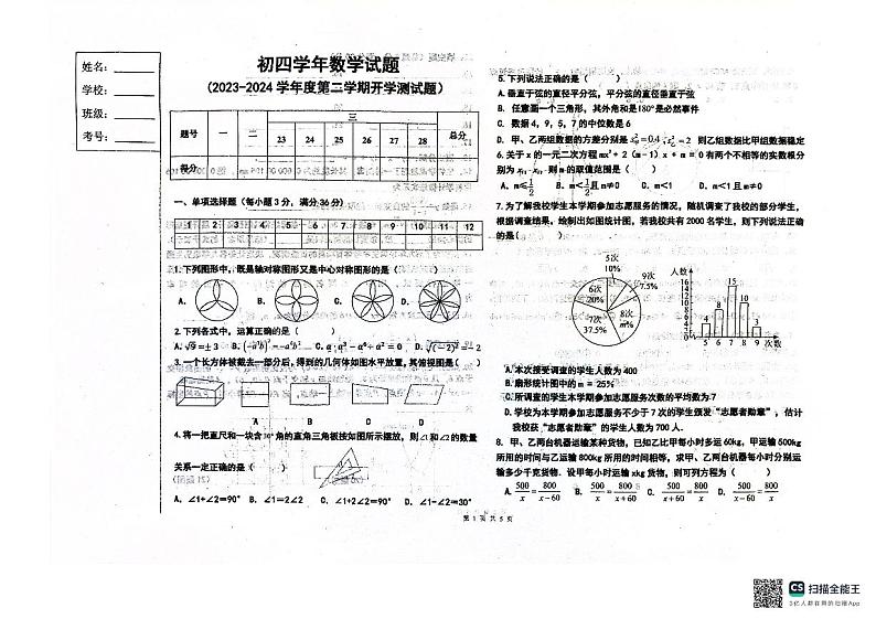 黑龙江省绥化市绥棱县第六中学2023-2024学年下学期开学测试九年级数学试题第1页