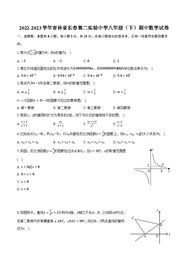 2022-2023学年吉林省长春第二实验中学八年级（下）期中数学试卷（含解析）第1页