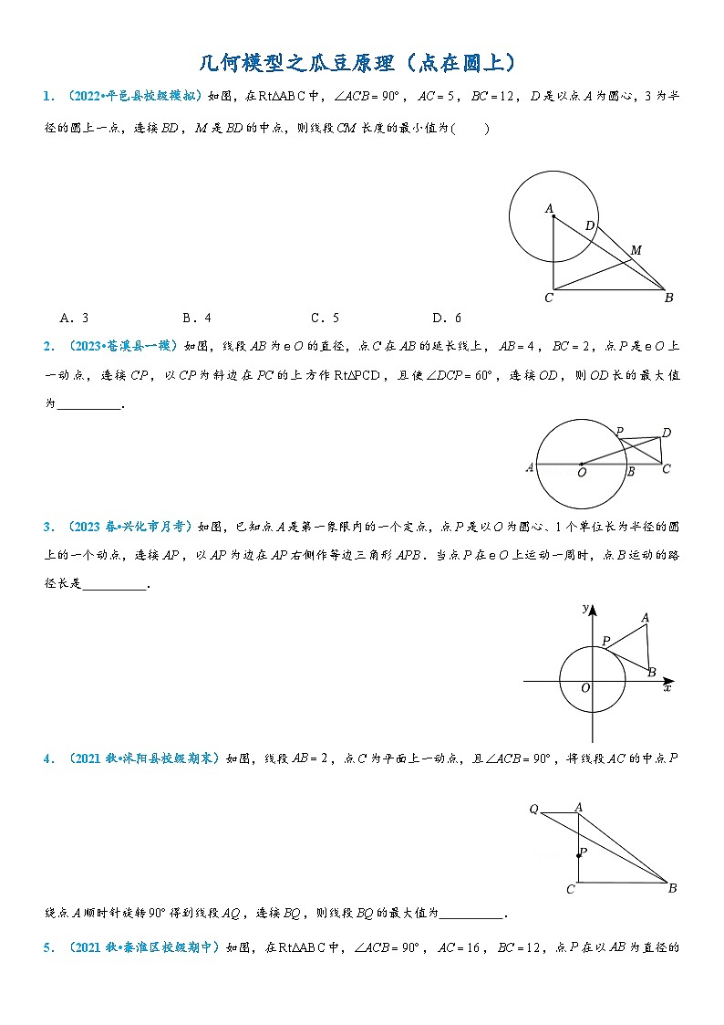 2024年中考数学压轴题专项练习—几何模型之瓜豆原理（点在圆上）01