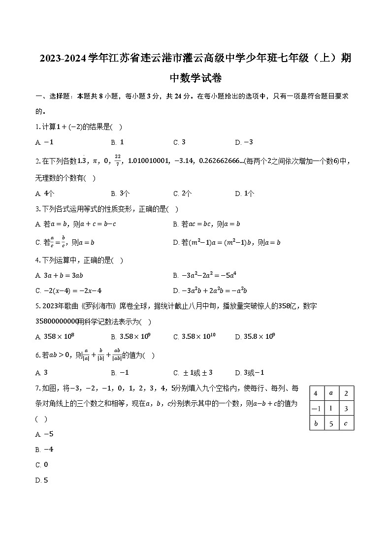 2023-2024学年江苏省连云港市灌云高级中学少年班七年级（上）期中数学试卷（含解析）第1页