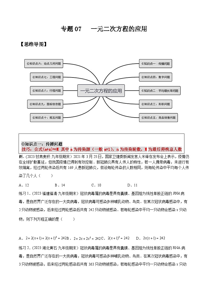 沪科版八年级数学下学期核心考点精讲精练 专题07 一元二次方程的应用（知识点考点串编）-【专题重点突破】(原卷版+解析)第1页