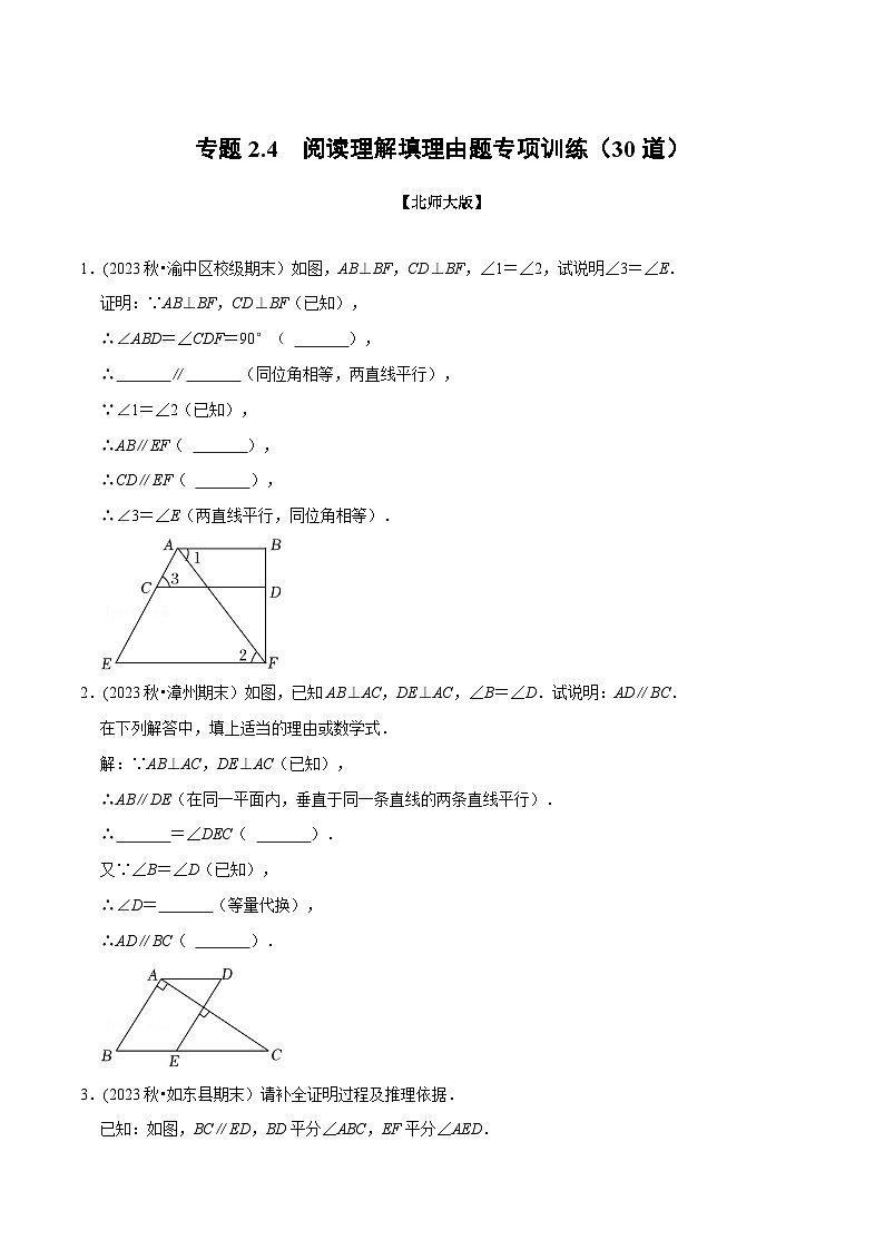 北师大版七年级数学下册举一反三  专题2.4 阅读理解填理由题专项训练（30道）（举一反三）（原卷版+解析）第1页