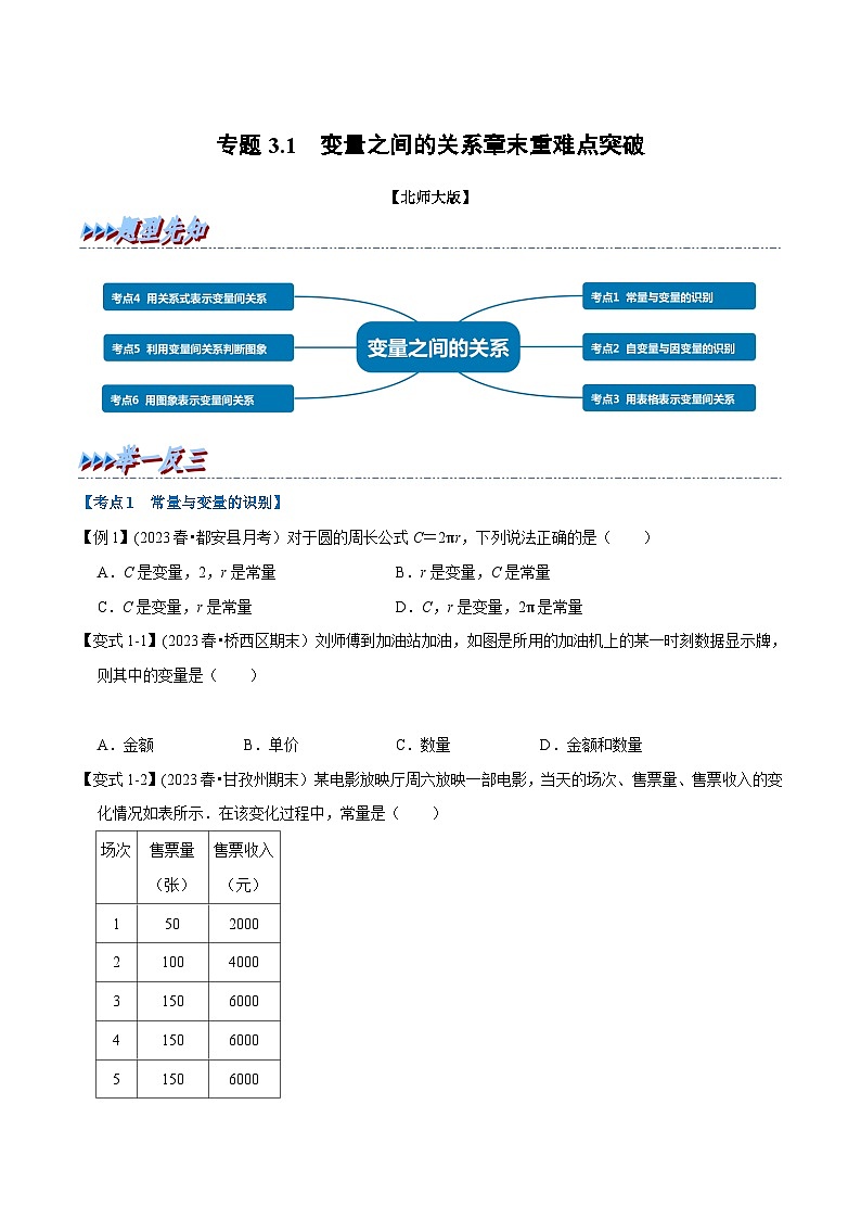 北师大版七年级数学下册举一反三  专题3.1 变量之间的关系章末重难点突破（举一反三）（原卷版+解析）第1页