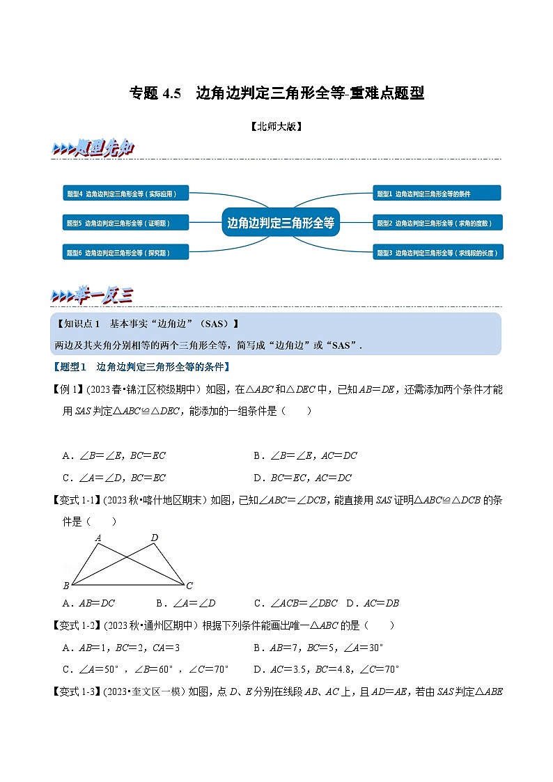 北师大版七年级数学下册举一反三  专题4.5 边角边判定三角形全等-重难点题型（举一反三）（原卷版+解析）第1页