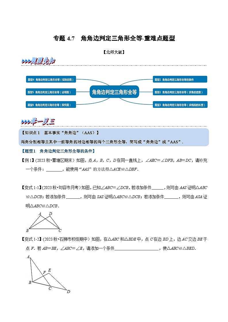 北师大版七年级数学下册举一反三  专题4.7 角角边判定三角形全等-重难点题型（举一反三）（原卷版+解析）第1页
