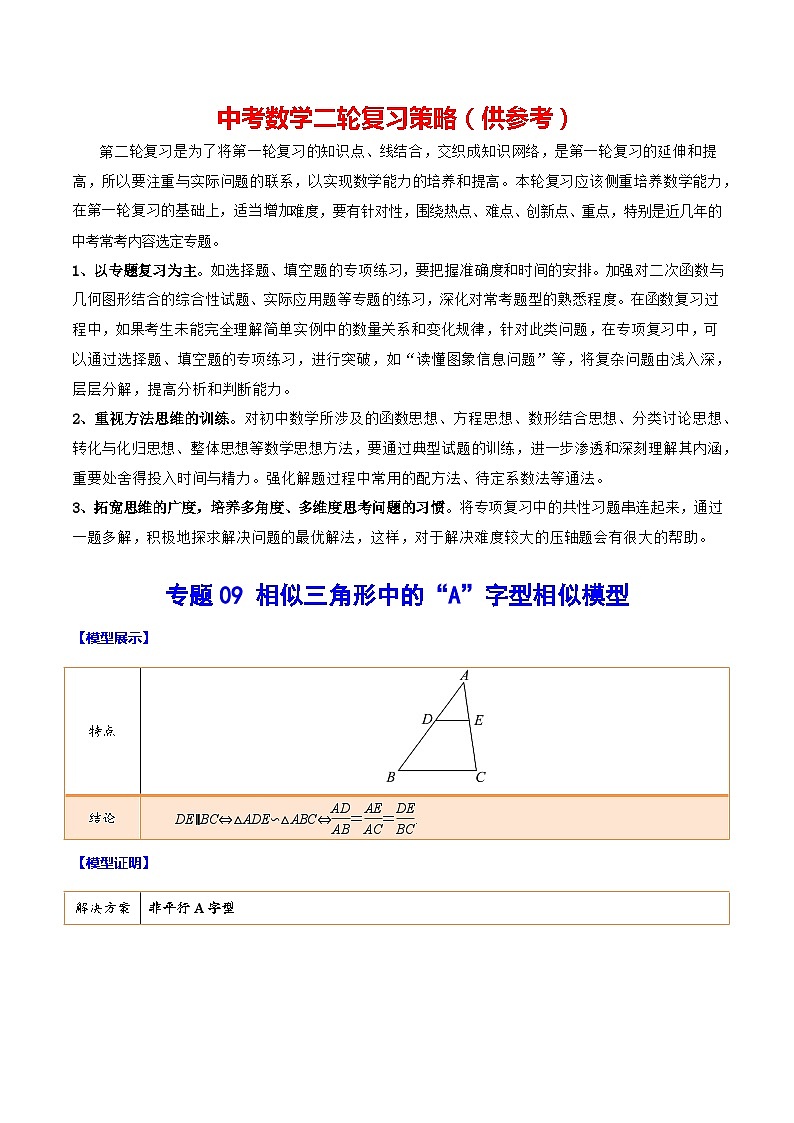 最新中考数学难点突破与经典模型精讲练  专题09 相似三角形中的“A”字型相似模型 （全国通用）01