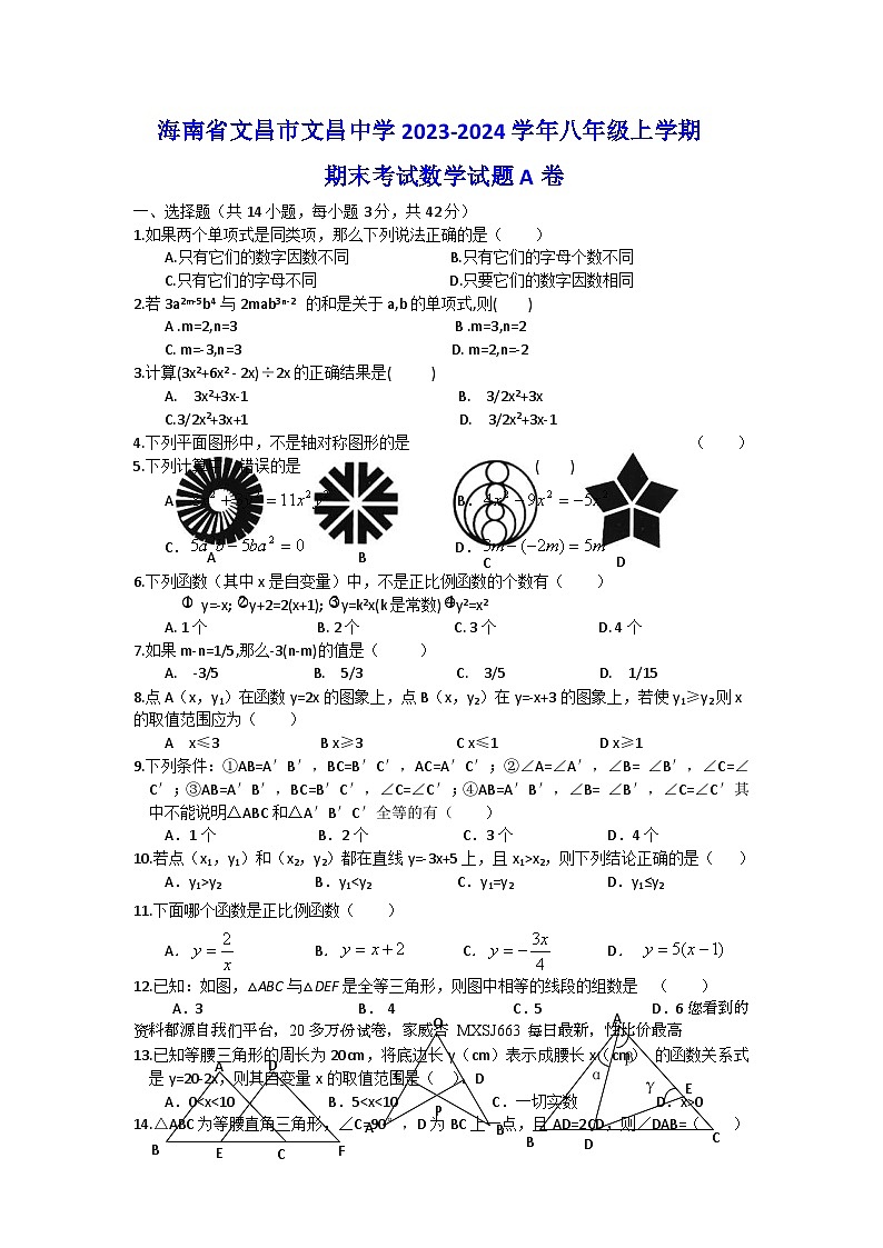 海南省文昌市文昌中学2023-2024学年八年级上学期期末考试数学试题A卷01