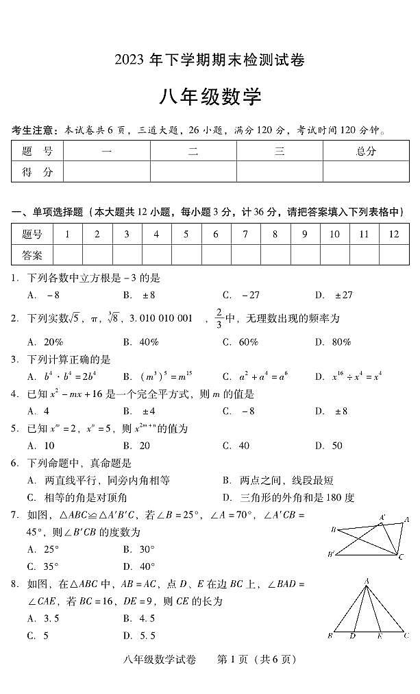 湖南省衡阳市常宁市2023-2024学年八年级上学期期末考试数学试题01