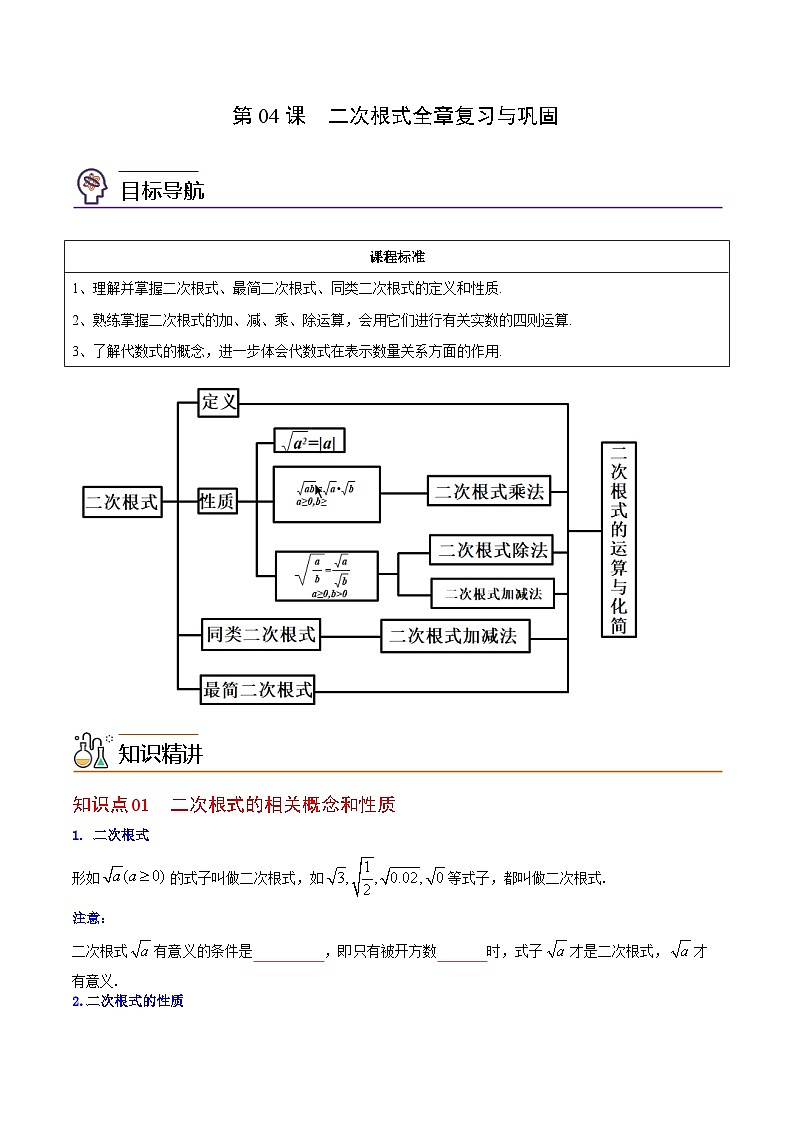 八年级数学下册同步练习  第04课  二次根式全章复习与巩固（原卷版+解析）01