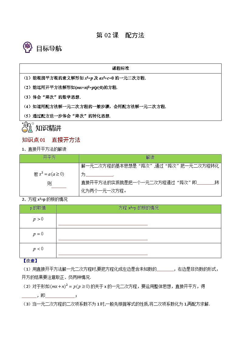 人教版九年级数学上册同步精品讲义 第02课  配方法（原卷版+解析）01