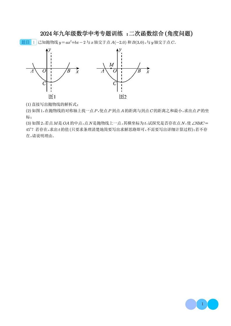 2024年九年级数学中考专题训练：二次函数综合（角度问题）学生版第1页