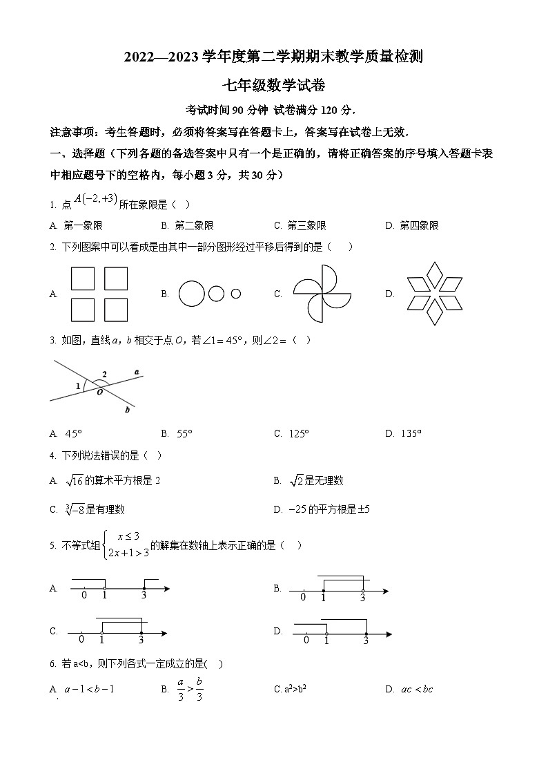 精品解析：辽宁省抚顺市东洲区2022-2023学年七年级下学期期末数学试题（原卷版）第1页