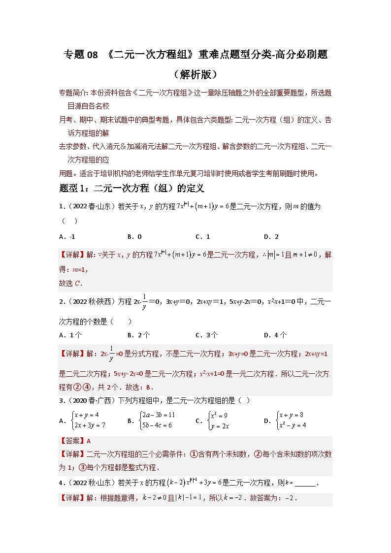 专题07 二元一次方程组重难点题型分类-2022-2023学年七年级数学下册重难点题型分类高分必刷题（人教版）01