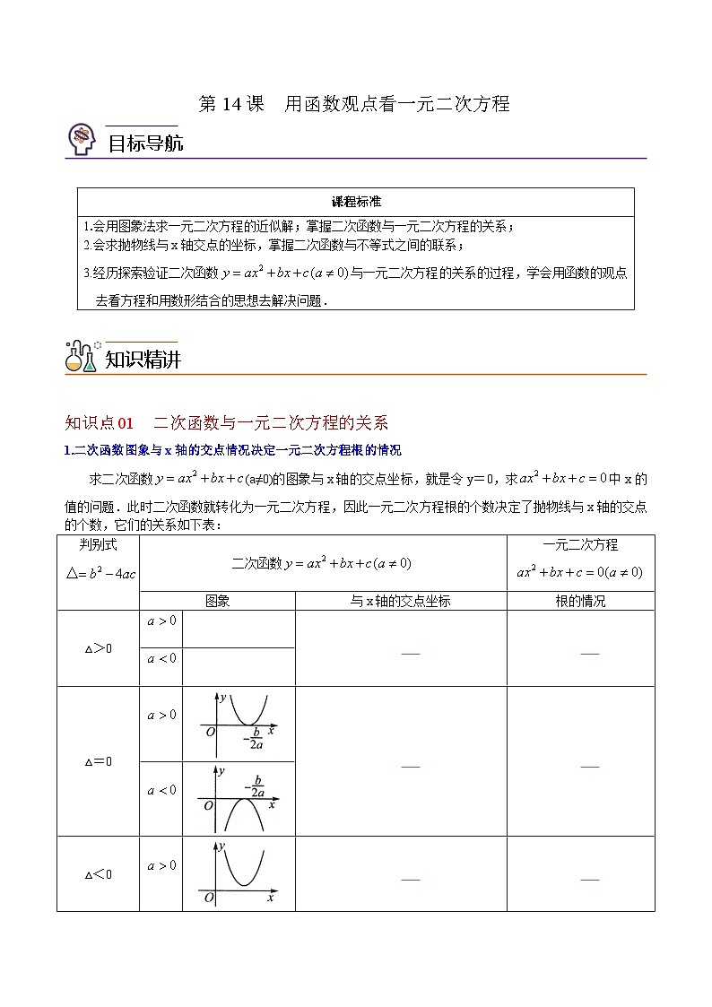 人教版九年级数学上册同步练习 第14课  用函数观点看一元二次方程（原卷版+解析）01