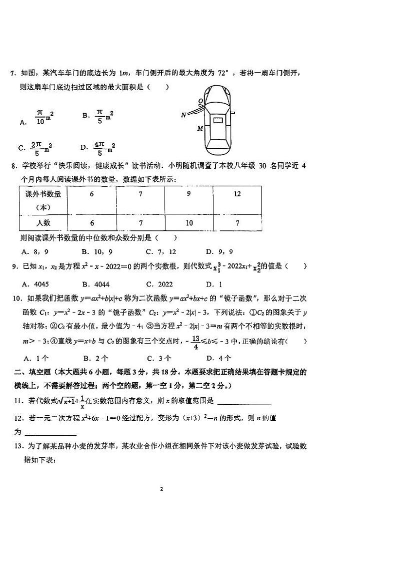 内蒙古农业大学附属中学2023—2024学年九年级下学期开学考试数学试题02