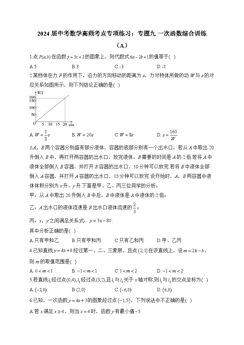 2024届中考数学高频考点专项练习：专题九 一次函数综合训练(A)及答案第1页