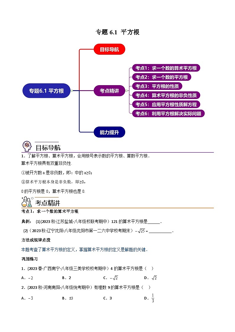 人教版七年级数学下册同步精品讲义第06讲专题6.1平方根(学生版+解析)第1页