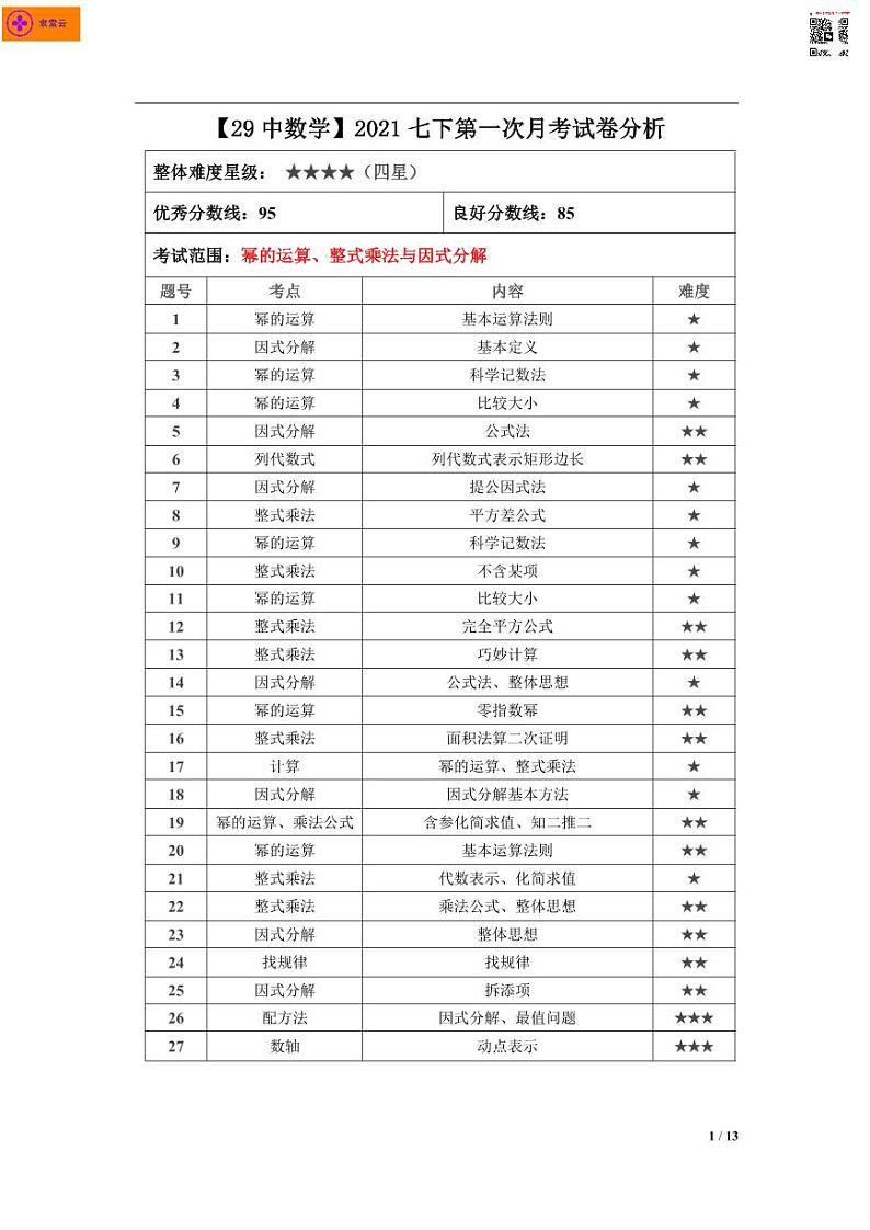 2021-2022学年二十九中七下数学3月月考试卷（含答案）第1页
