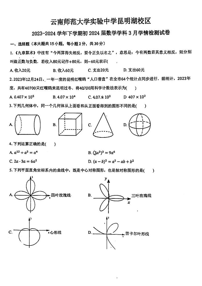 云南省云南师范大学实验中学昆明湖校区2023-2024学年九年级下学期数学开学考试试卷第1页