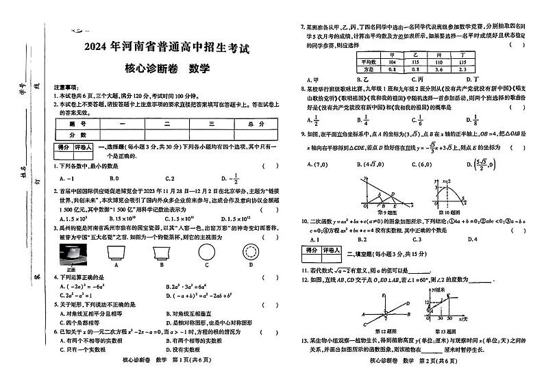 河南省部分学校2024年中考模拟+考试数学试题01