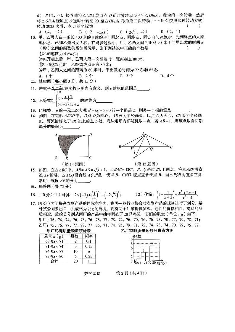 2024年河南省驻马店市正阳县一模数学试题（无答案）02