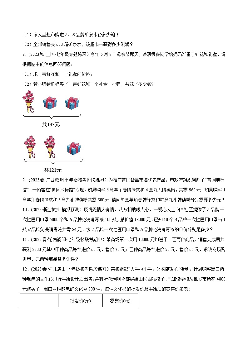 人教版七年级数学下册尖子生培优必刷题专题8.9二元一次方程组的应用(2)销售问题大题专练(重难点培优30题)(原卷版+解析)第3页