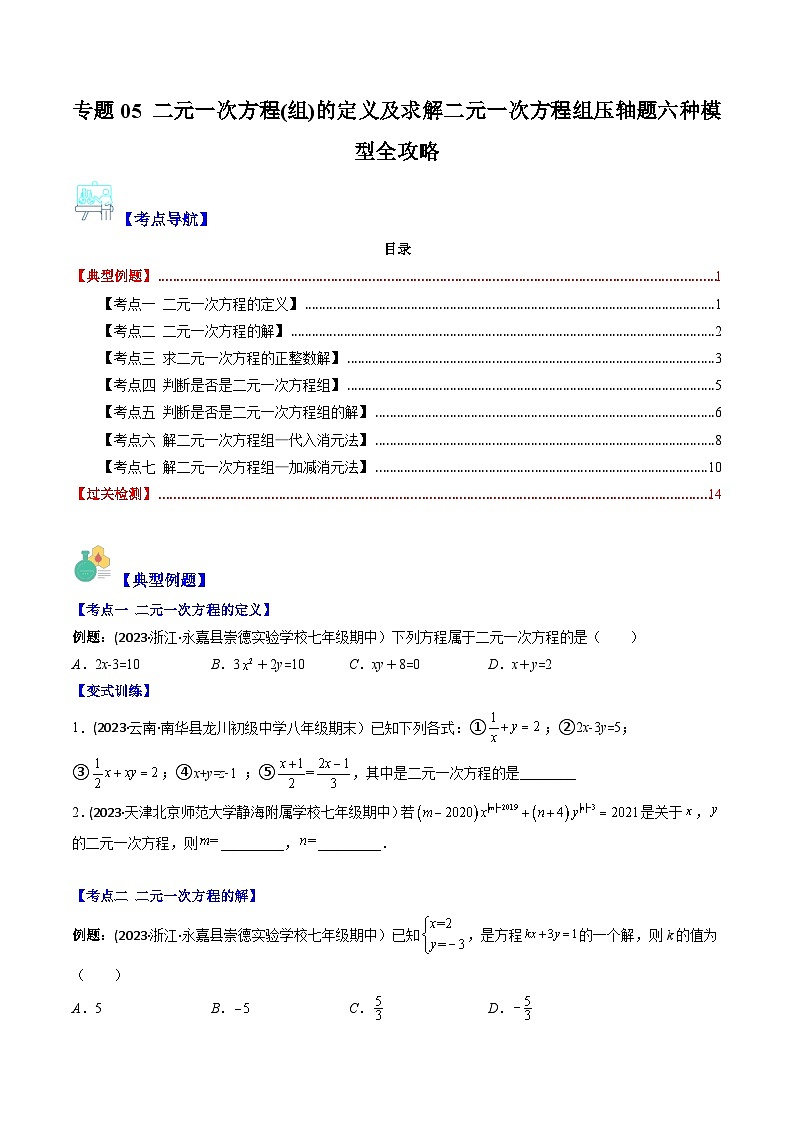 华东师大版七年级数学下册压轴题攻略专题05二元一次方程(组)的定义及求解二元一次方程组压轴题六种模型全攻略(原卷版+解析)第1页