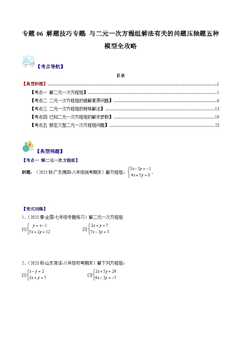 华东师大版七年级数学下册压轴题攻略专题06解题技巧专题：与二元一次方程组解法有关的问题压轴题五种模型全攻略(原卷版+解析)第1页