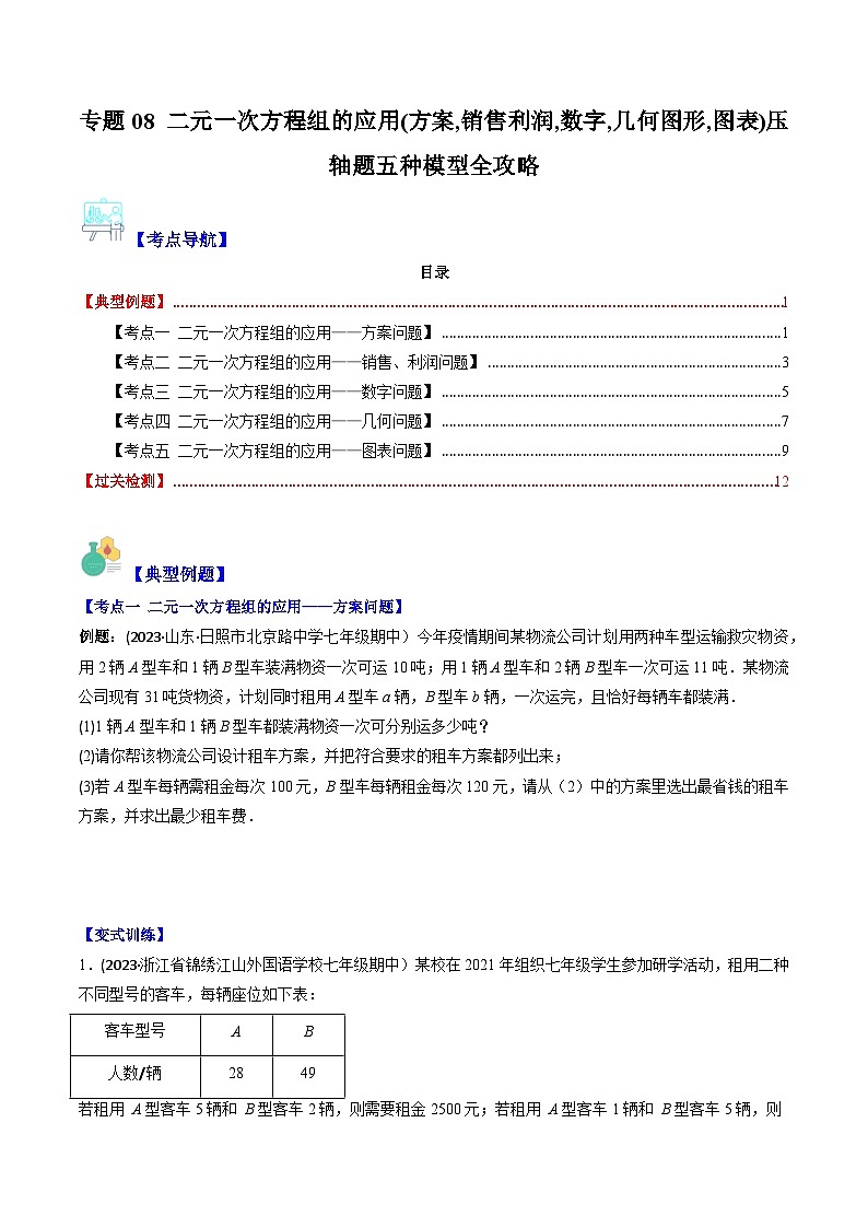 华东师大版七年级数学下册压轴题攻略专题08二元一次方程组的应用(方案,销售利润,数字,几何图形,图表)压轴题五种模型全攻略(原卷版+解析)01