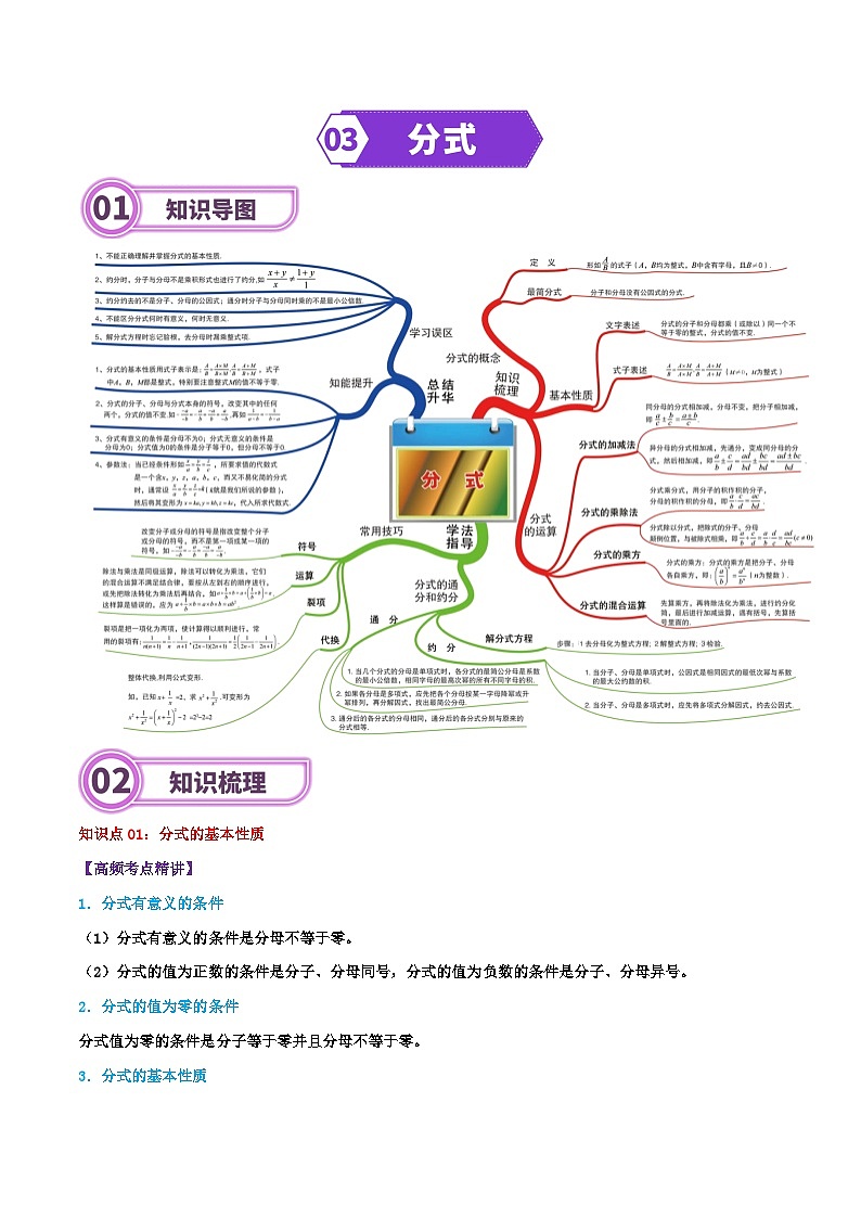 专题03 分式-2024年中考数学一轮复习重难点精讲练（导图+知识点+新题检测）01