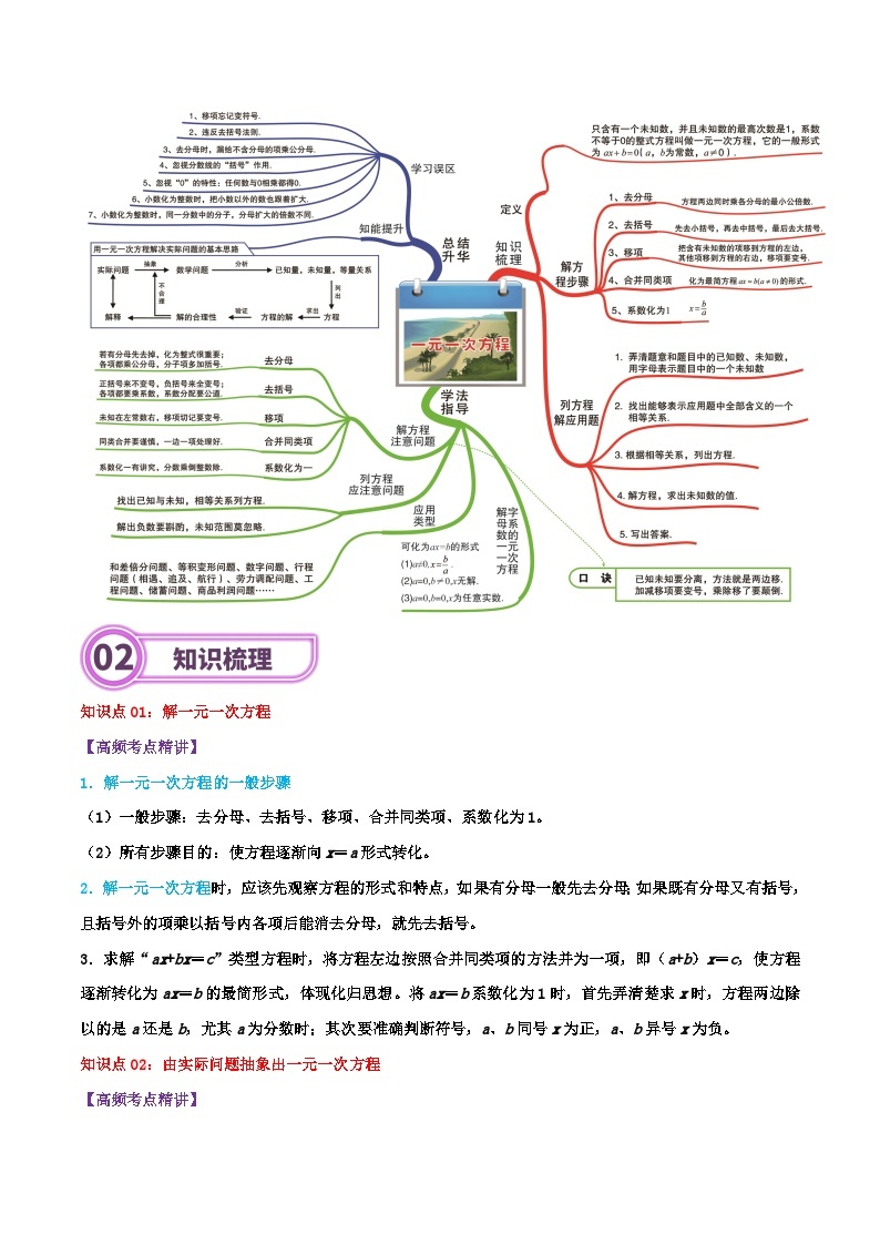 专题05 一元一次方程-2024年中考数学一轮复习重难点精讲练（导图+知识点+新题检测）02