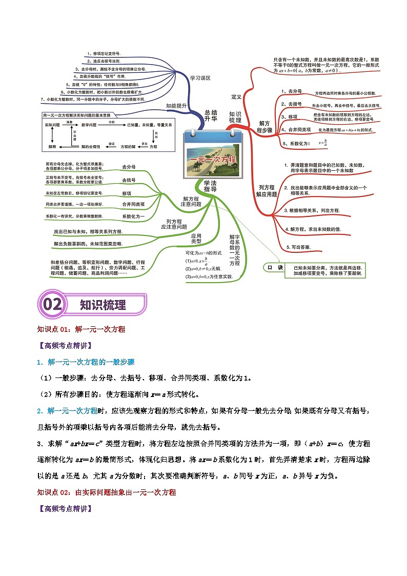 专题05 一元一次方程-2024年中考数学一轮复习重难点精讲练（导图+知识点+新题检测）02