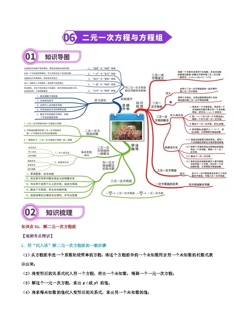 专题06 二元一次方程与方程组-2024年中考数学一轮复习重难点精讲练（导图+知识点+新题检测）01