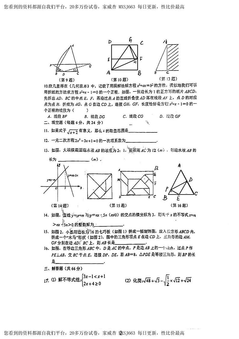 262，浙江省金华市第五中学2023—2024学年下学期 开学考试八年级数学试卷02