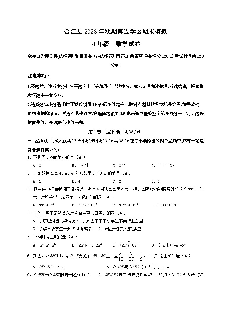 274，四川省泸州市合江县第五片区2023-2024学年九年级上学期第二次月考数学试题01