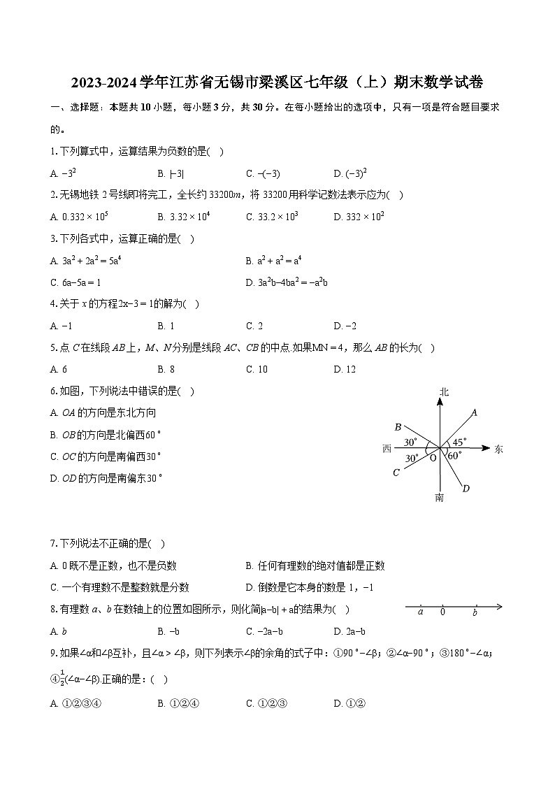 2023-2024学年江苏省无锡市梁溪区七年级（上）期末数学试卷（含详细答案解析）01