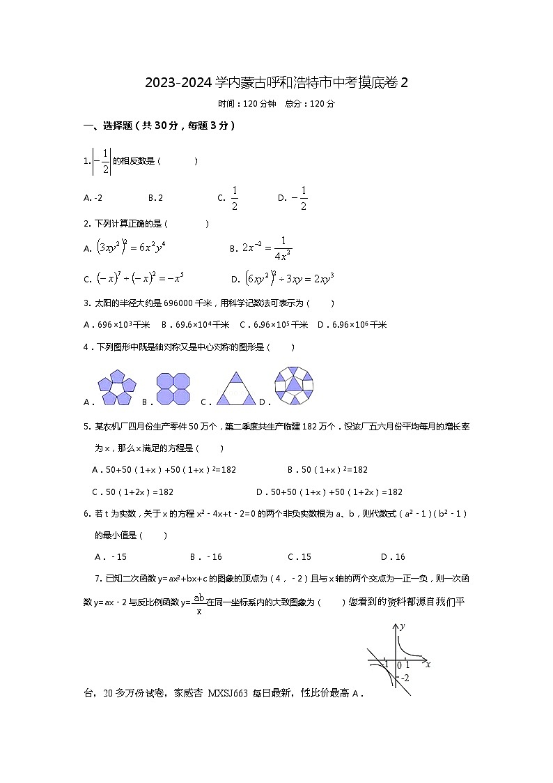58，2024年内蒙古呼和浩特市中考数学摸底卷201