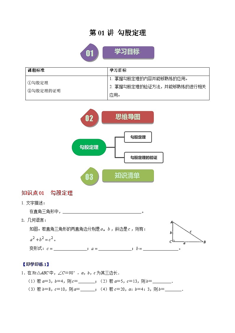 第01讲 勾股定理（2个知识点+6类热点题型讲练+习题巩固）（原卷版）第1页