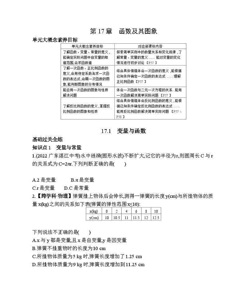 17.1 变量与函数 华东师大版数学八年级下册素养提升练习(含解析)01