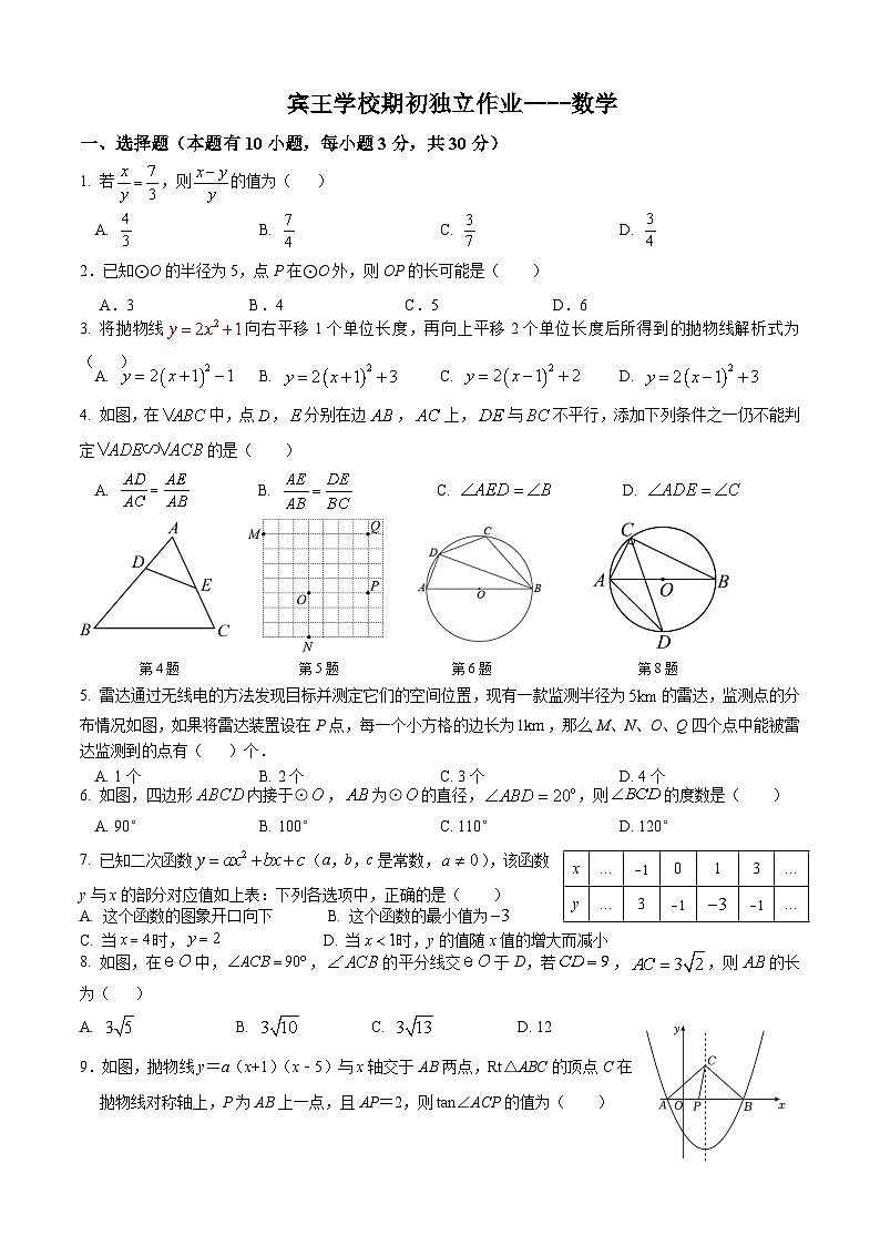 浙江省金华市义乌市宾王中学2023-2024学年九年级下学期开学检测数学试题第1页