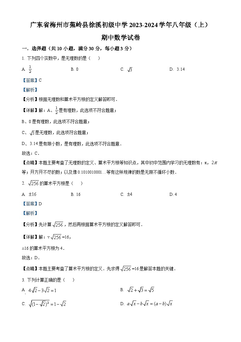 广东省梅州市蕉岭县徐溪初级中学2023-2024学年八年级上学期期中数学试题（原卷版+解析版）01