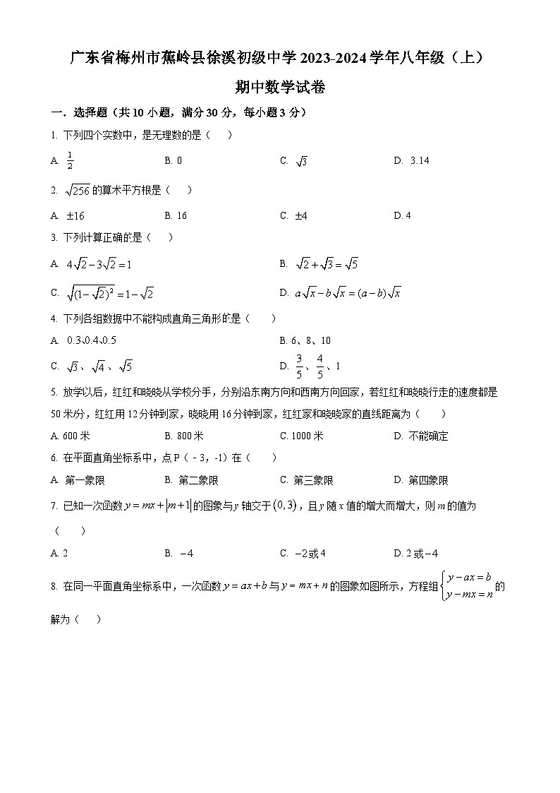 广东省梅州市蕉岭县徐溪初级中学2023-2024学年八年级上学期期中数学试题（原卷版+解析版）01