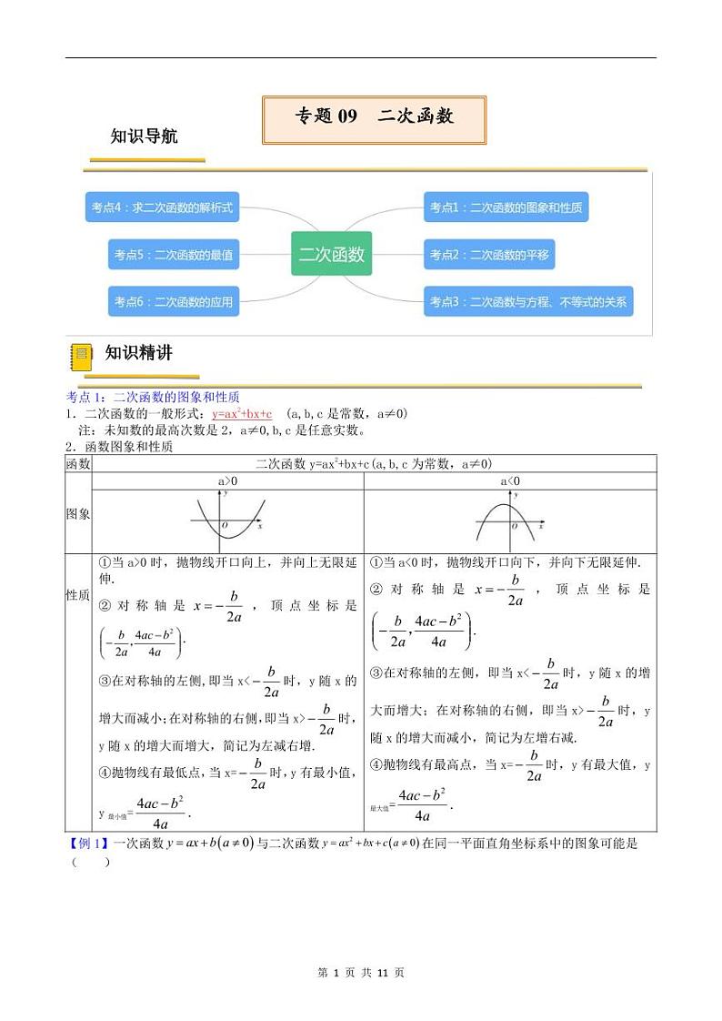 中考数学一轮复习考点（精讲精练）复习专题09 二次函数（原卷版）第1页