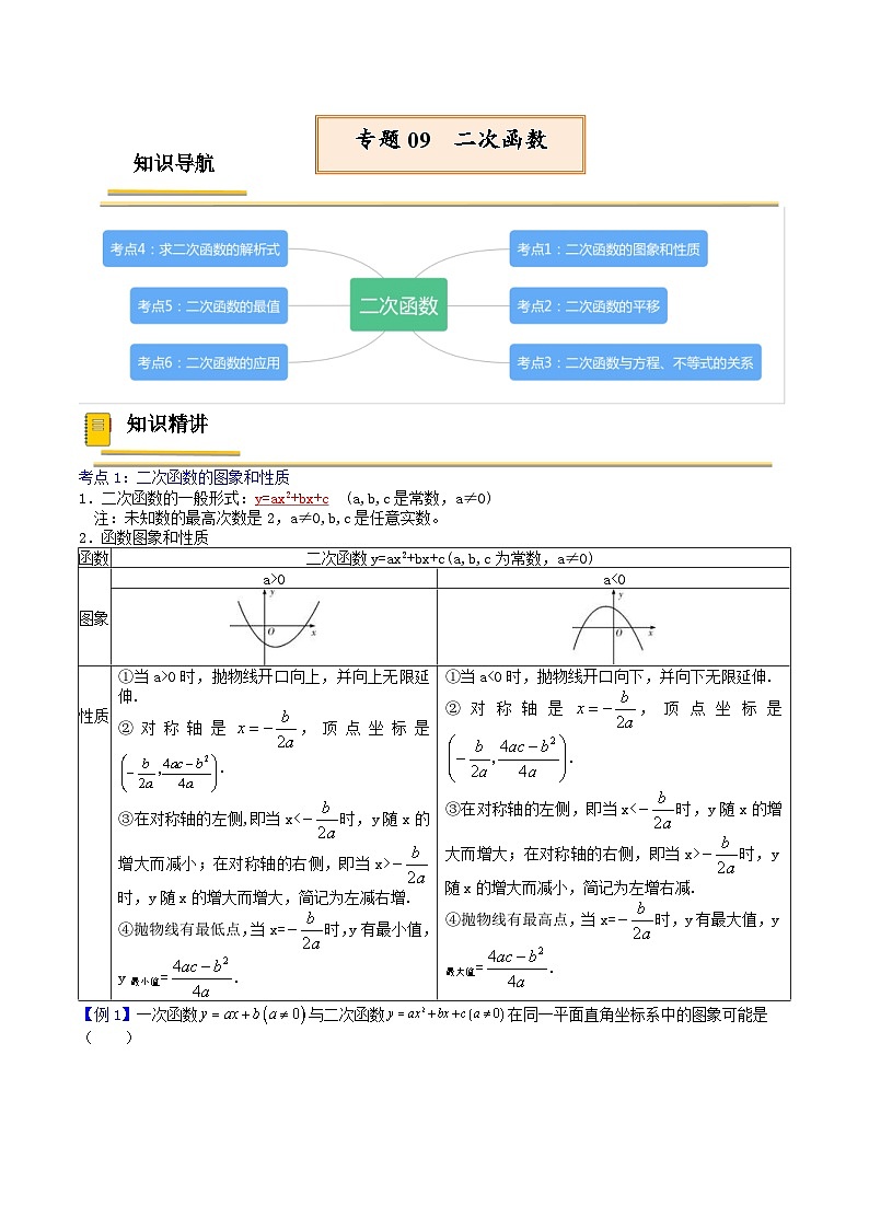 中考数学一轮复习考点（精讲精练）复习专题09 二次函数（原卷版）第1页
