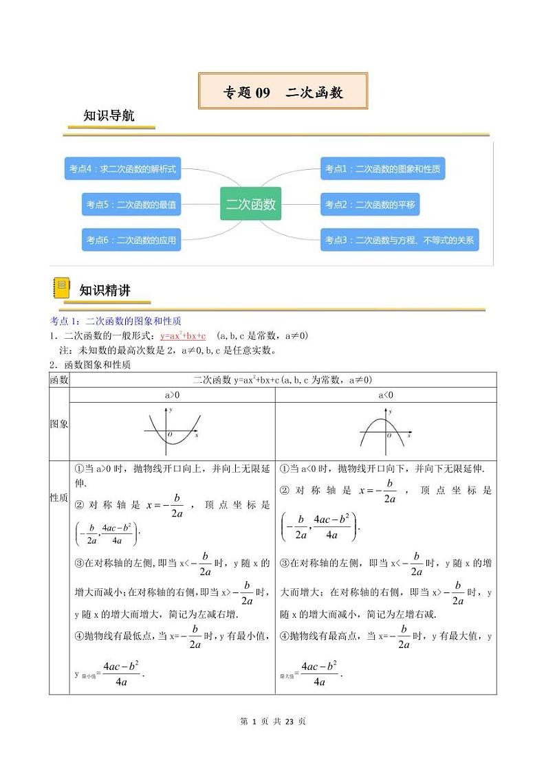 中考数学一轮复习考点（精讲精练）复习专题09 二次函数（教师版）第1页