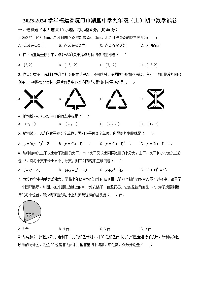 精品解析：福建省厦门市湖里中学2023-2024学年九年级上学期期中数学试题（原卷版）第1页