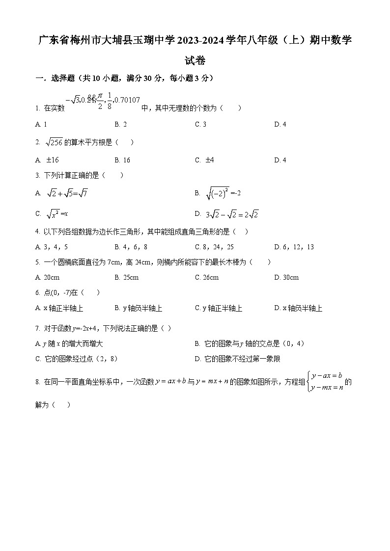 精品解析：广东省梅州市大埔县玉瑚中学2023-2024学年八年级上学期期中数学试题（原卷版）第1页