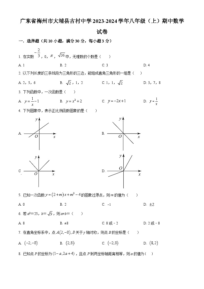 广东省梅州市大埔县古村中学2023-2024学年八年级上学期期中数学试题（原卷版+解析版）01