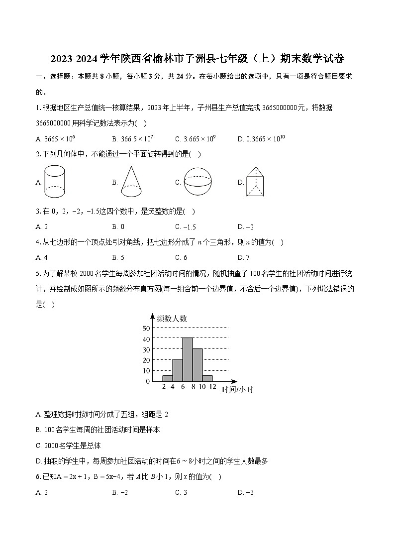 2023-2024学年陕西省榆林市子洲县七年级（上）期末数学试卷（含详细答案解析）第1页
